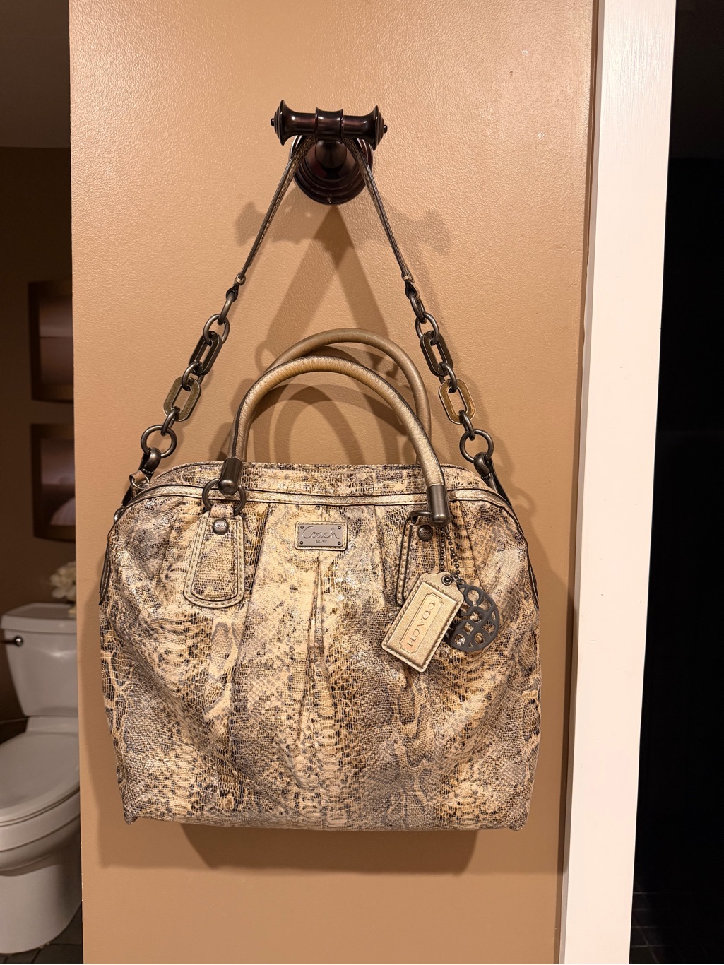 Coach Snake-Print Purse In Taupe And Cream